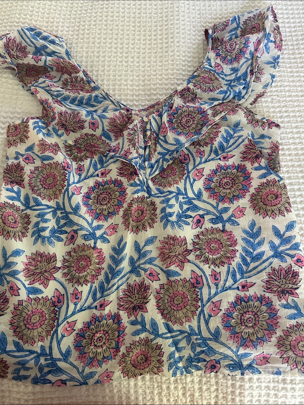 J. Crew Floral Ruffle Neck Sleeveless Top - Pink, Blue & Cream